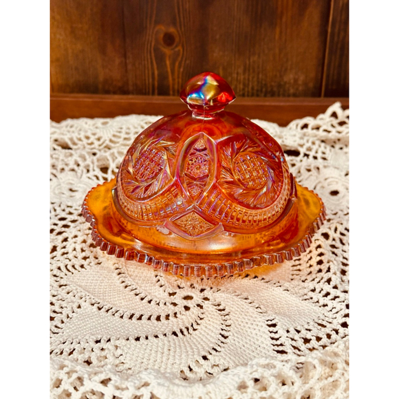 Vintage Indiana Carnival Glass Heirloom Series Sunset Red Butter Dish 1970s - Picture 4 of 12